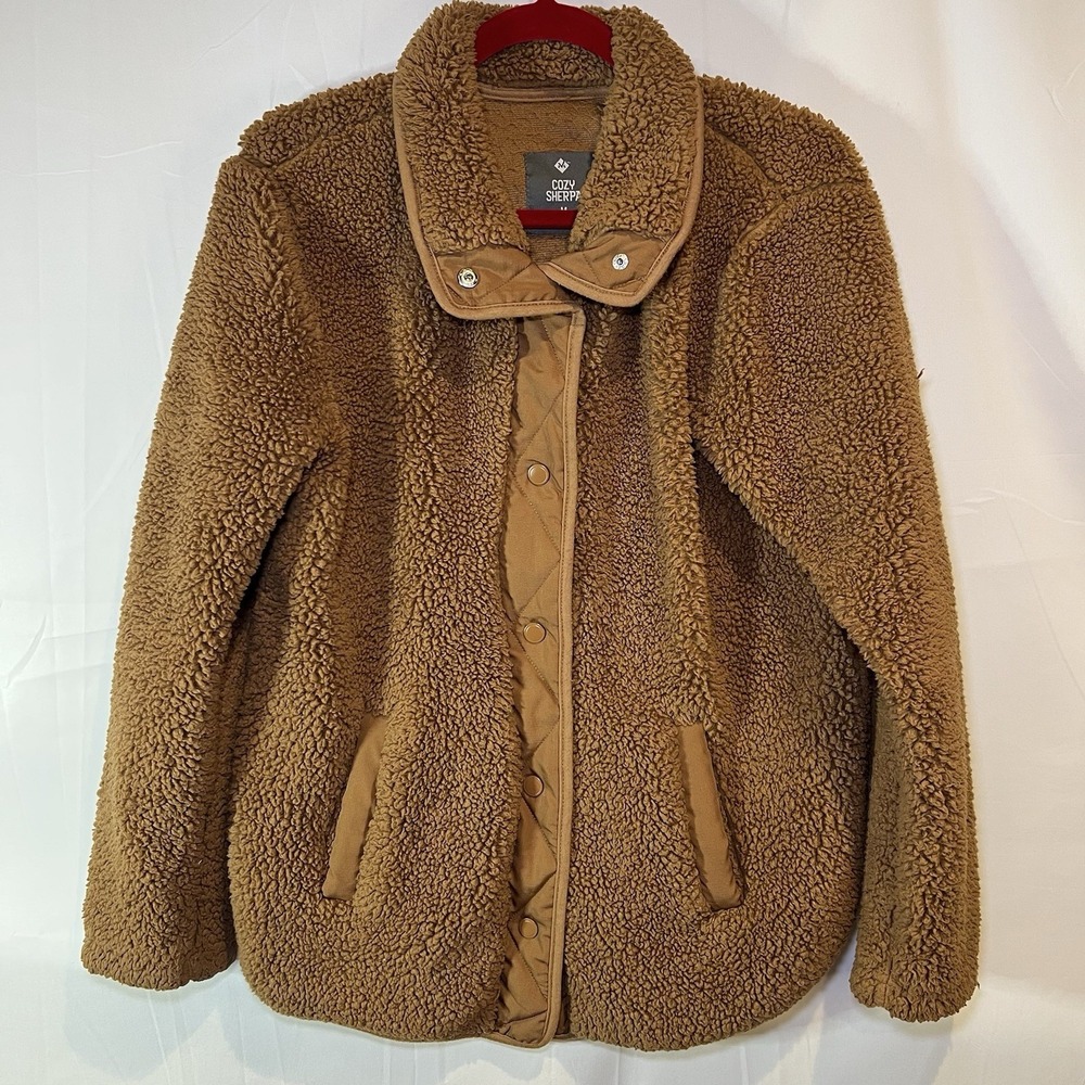 Members‎ Mark Jacket Womens M Brown Cozy Sherpa Faux Fur Snap Front Mock Neck